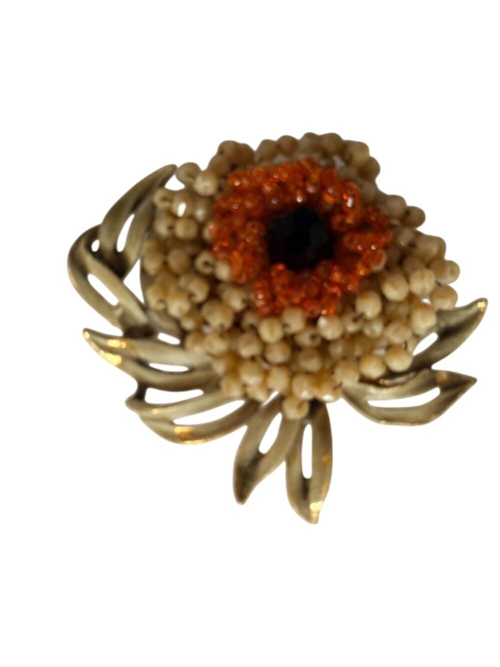 Vendome Flower Brooch Gold Tone Beaded Pin Orange Black Rhinestone Vintage Signe